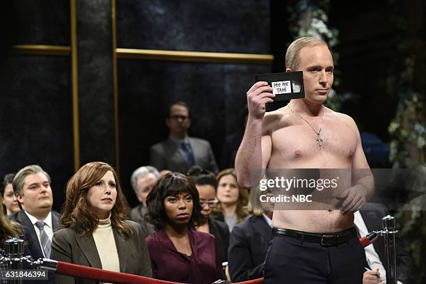 Felicity Jones" Episode 1715 -- Pictured: Bobby Moynihan, Vanessa Bayer, Sasheer Zamata as reporters, and Beck Bennett as Vladimir Putin during the...