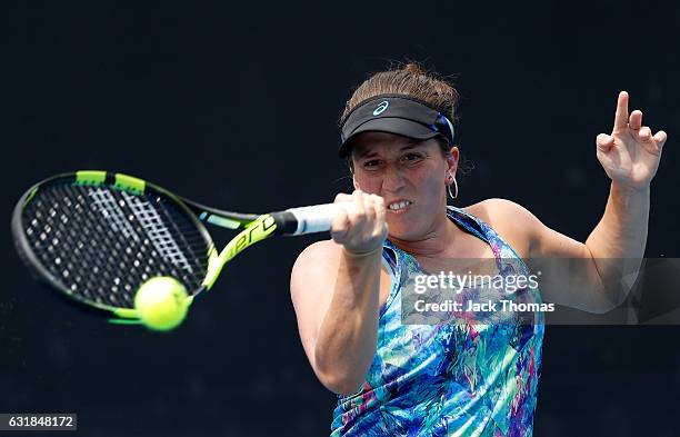 Irina Falconi of the USA plays a forehand during her first round match against Xinyun Han of China on day two of the 2017 Australian Open at...