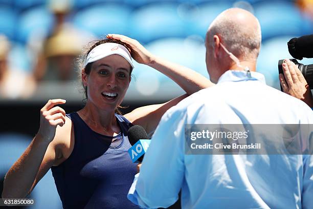 Johanna Konta of Great Britain celebrates winning in her first round match against Kirsten Flipkens of Belgium on day two of the 2017 Australian Open...