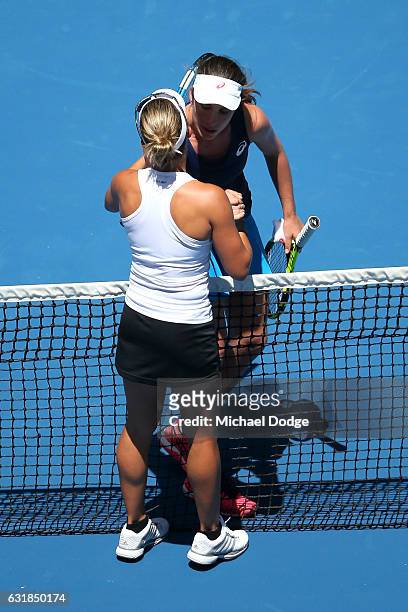 Johanna Konta of Great Britain celebrates winning in her first round match against Kirsten Flipkens of Belgium on day two of the 2017 Australian Open...