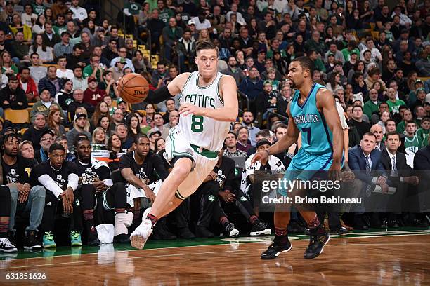 Jonas Jerebko of the Boston Celtics handles the ball against the Charlotte Hornets on January 16, 2017 at Talking Stick Resort Arena in Phoenix,...