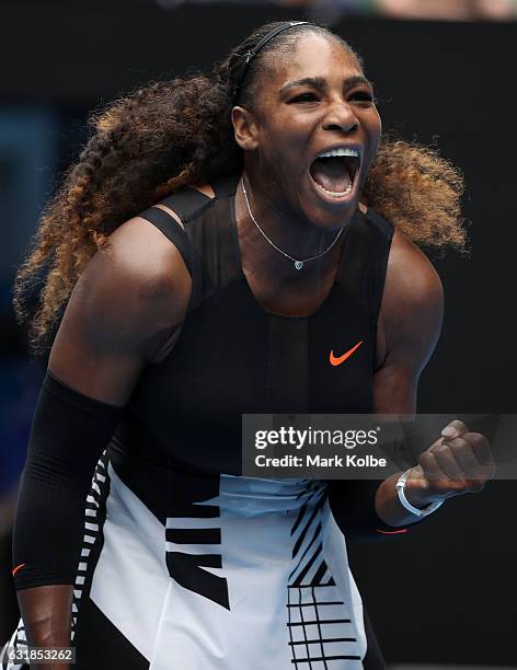 Serena Williams of the United States celebrates winning a point her first round match against Belinda Bencic of Switzerland on day two of the 2017...