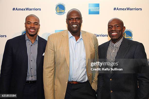 Golden State Warriors legends Corey Maggette, Adonal Foyle, and Tony Delk pose for a photo at the first American Express "All for Dub Nation" Watch...