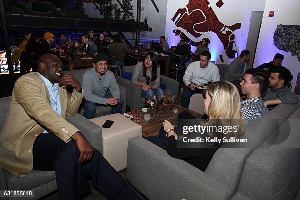 Golden State Warriors legend Adonal Foyle chats with fans at the first American Express "All for Dub Nation" Watch Party at The Pearl on January 16,...