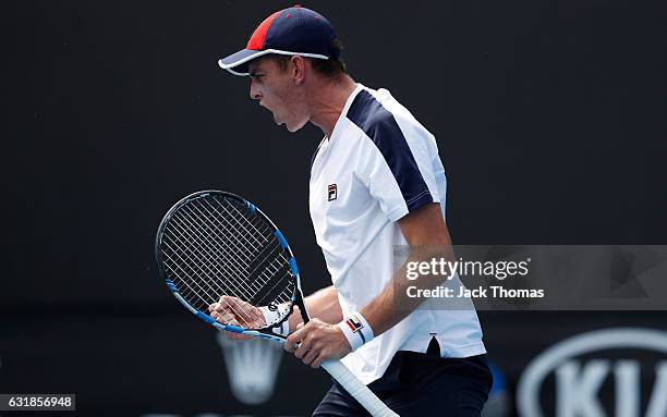 Andrew Whittington of Australia reacts during his first round match against Adam Pavlasek of the Czech Republic on day two of the 2017 Australian...