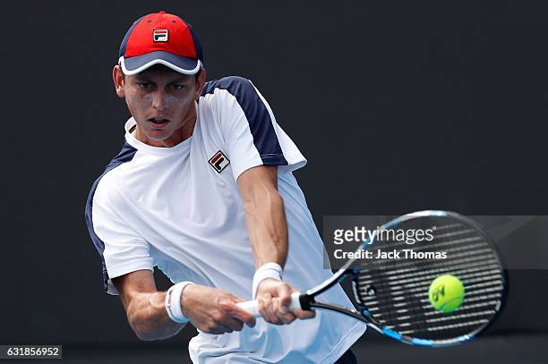 Andrew Whittington of Australia plays a backhand during his first round match against Adam Pavlasek of the Czech Republic on day two of the 2017...