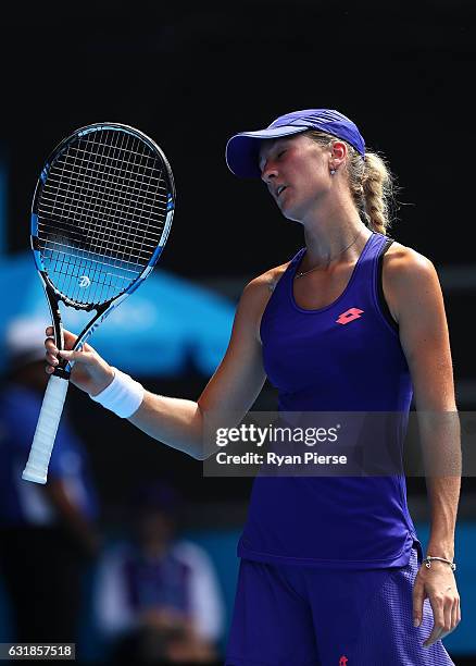 Denisa Allertova of the Czech Republic reacts in first round match against Dominika Cibulkova of Slovakia on day two of the 2017 Australian Open at...