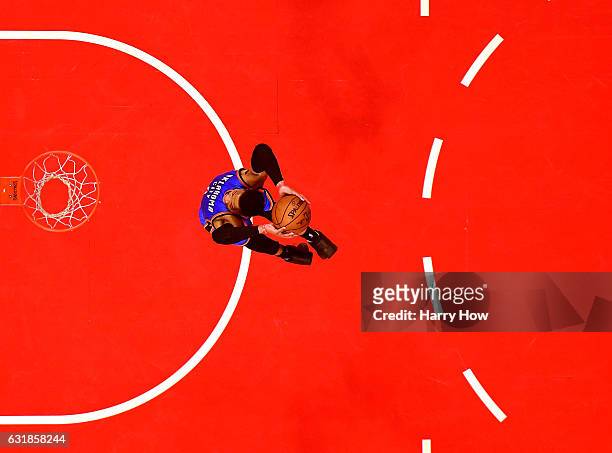 Russell Westbrook of the Oklahoma City Thunder dunks after a steal against the LA Clippers at Staples Center on January 16, 2017 in Los Angeles,...