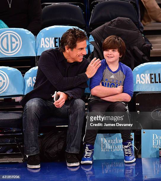 Ben Stiller and Quinlin Stiller attend Atlanta Hawks Vs. New York Knicks game at Madison Square Garden on January 16, 2017 in New York City.