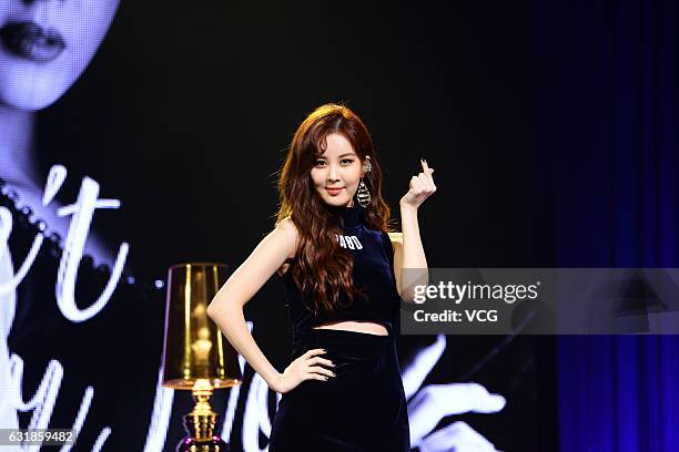 Singer and actress Seohyun of South Korean girl group Girls' Generation performs during the press conference of her first solo album "Don't Say No"...