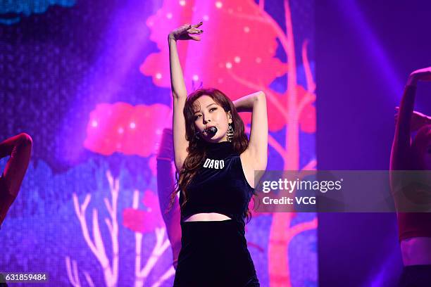 Singer and actress Seohyun of South Korean girl group Girls' Generation performs during the press conference of her first solo album "Don't Say No"...