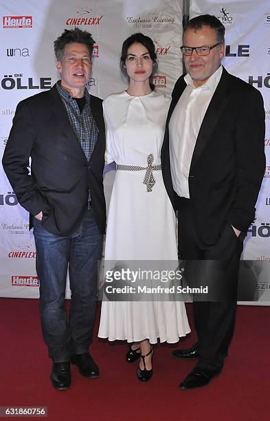 Tobias Moretti, Violetta Schurawlow and Stefan Ruzowitzky pose during the 'Die Hoelle' Vienna Premiere at Cineplexx Wienerberg cinema on January 16,...