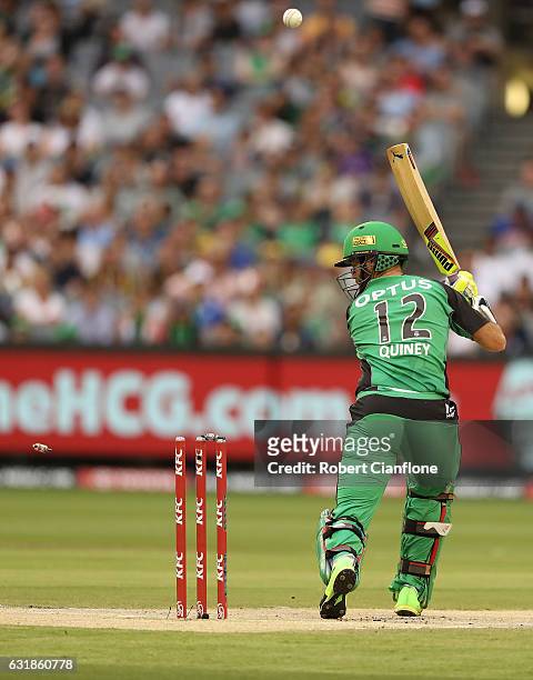 Rob Quiney of the Melbourne Stars is bowled by Mark Steketee of the Brisbane Heat during the Big Bash League match between the Melbourne Stars and...
