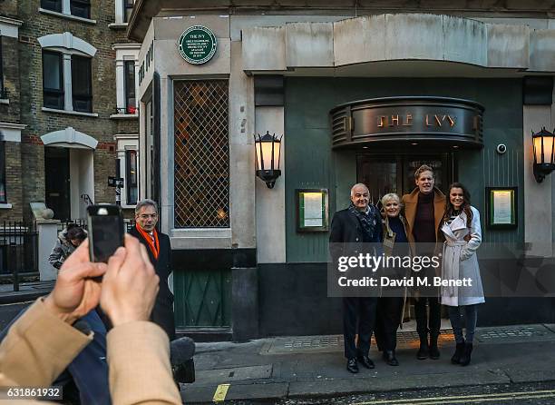 Fernando Peire, Miranda Richardson, Jack Fox and Samantha Barks attend the unveiling of a Green Plaque to celebrate 100 years of The Ivy on January...