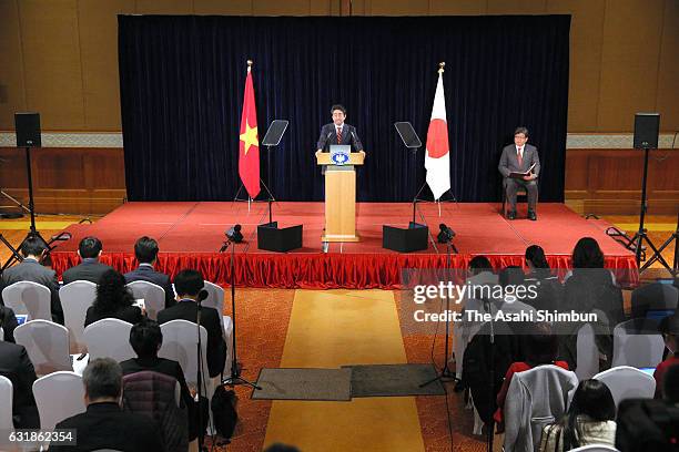 Japanese Prime Minister Shinzo Abe attends a press conference on January 16, 2017 in Hanoi, Vietnam. Abe is on 6-day tour to the Philippines,...