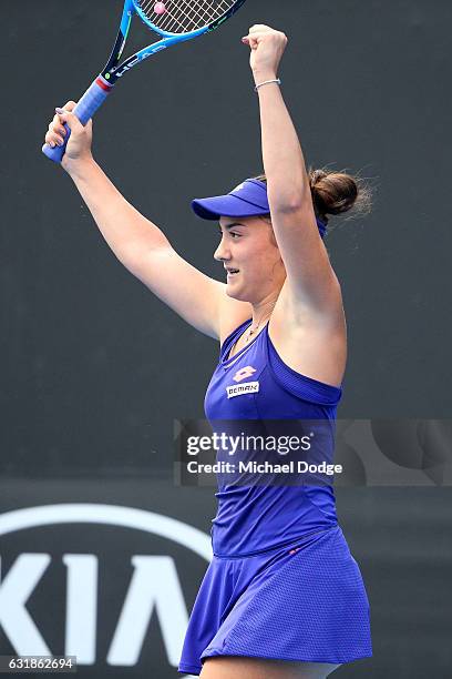 Danka Kovinic of Montenegro celebrates winning her first round match against Saisai Zheng of China on day two of the 2017 Australian Open at...