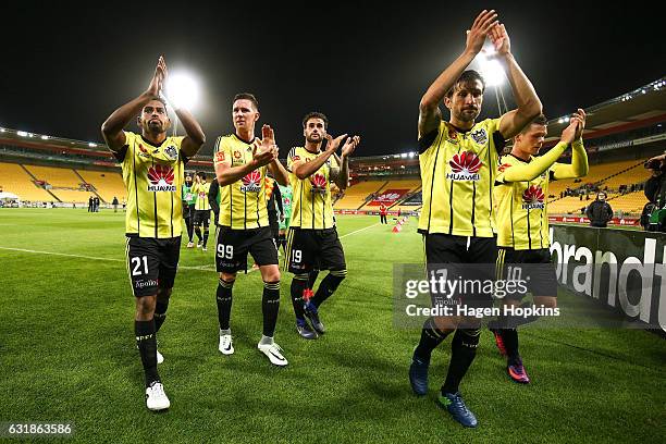 To R, Roy Krishna, Shane Smeltz, Tom Doyle, Vince Lia and Michael McGlinchey of the Phoenix applaud the crowd as they leave the pitch after the round...