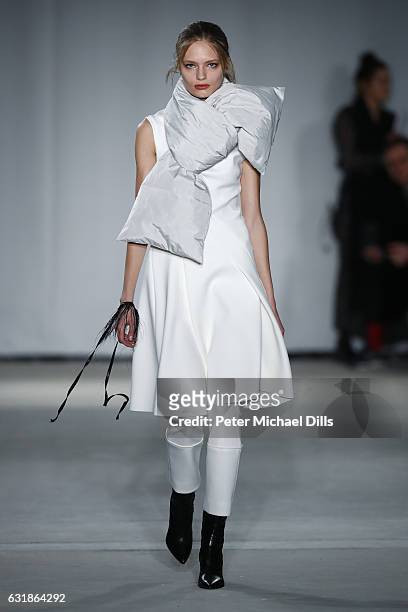 Model walks the runway at the Dorothee Schumacher show during the Mercedes-Benz Fashion Week Berlin A/W 2017 at Kaufhaus Jandorf on January 17, 2017...