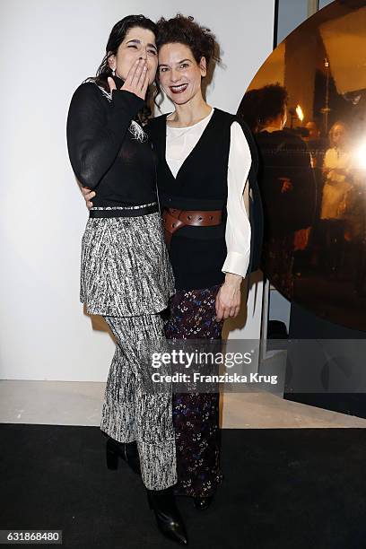 Designer Dorothee Schumacher and Bibiana Beglau are seen at the Dorothee Schumacher show during the Mercedes-Benz Fashion Week Berlin A/W 2017 at...