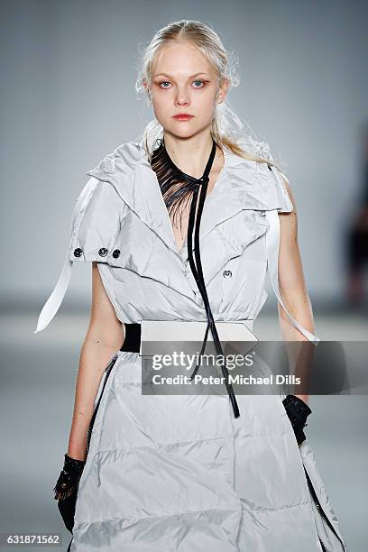 Model walks the runway at the Dorothee Schumacher show during the Mercedes-Benz Fashion Week Berlin A/W 2017 at Kaufhaus Jandorf on January 17, 2017...