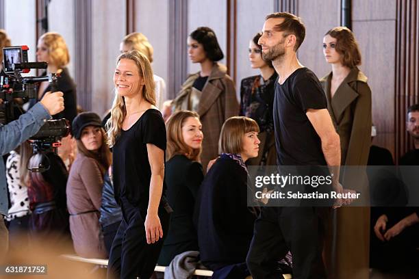 Designers Antonia Goy and Bjoern Kubeja walk the runway at the Antonia Goy defile during the Der Berliner Mode Salon A/W 2017 at Kronprinzenpalais on...