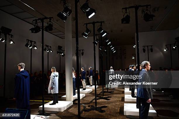 Models pose at the presentation of Brachmann during the Mercedes-Benz Fashion Week Berlin A/W 2017 at Stage at me Collectors Room on January 17, 2017...