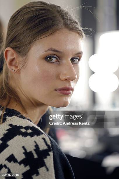 Model is seen backstage ahead of the Dorothee Schumacher show during the Mercedes-Benz Fashion Week Berlin A/W 2017 at Kaufhaus Jandorf on January...