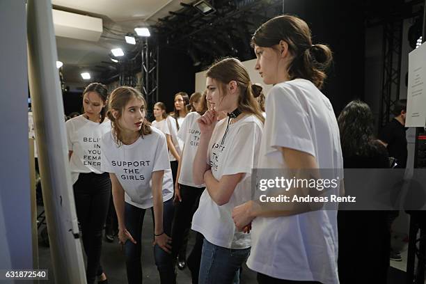 Models are seen backstage ahead of the Dorothee Schumacher show during the Mercedes-Benz Fashion Week Berlin A/W 2017 at Kaufhaus Jandorf on January...