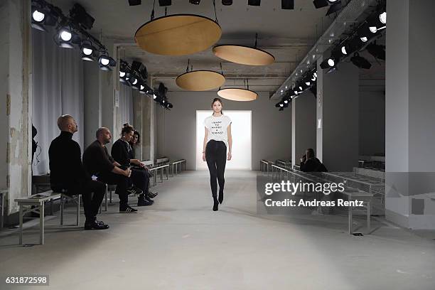 Model walks the runway during the rehearsal ahead of the Dorothee Schumacher show during the Mercedes-Benz Fashion Week Berlin A/W 2017 at Kaufhaus...