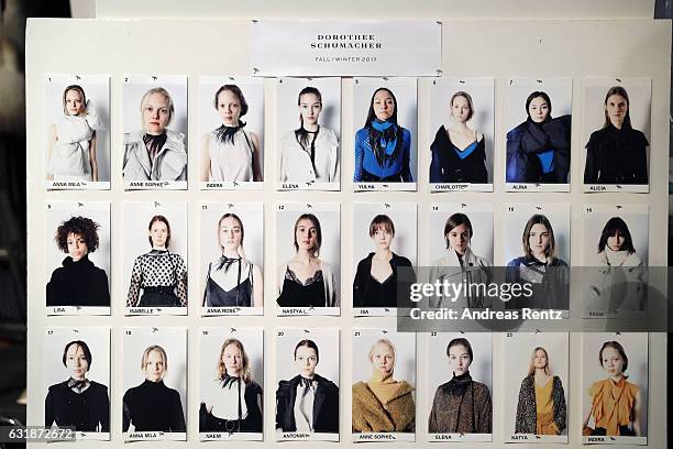 The model board is on display backstage ahead of the Dorothee Schumacher show during the Mercedes-Benz Fashion Week Berlin A/W 2017 at Kaufhaus...