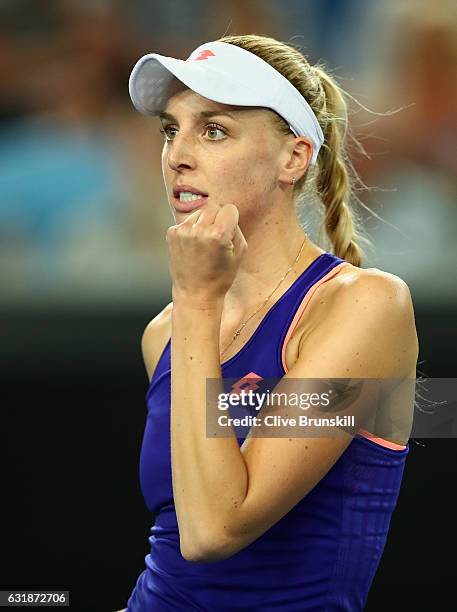 Naomi Broady of Great Britain celebrates a point in her first round match against Daria Gavrilova of Australia on day two of the 2017 Australian Open...