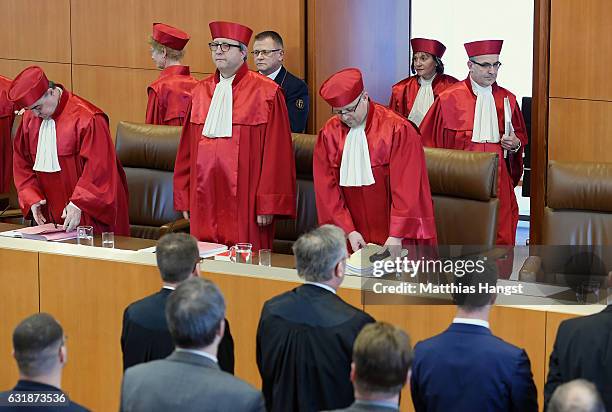 Andreas Vosskuhle, Chairman of the Second Senate of the Federal Constitutional Court , and other constitutional court judges arrive to announce the...