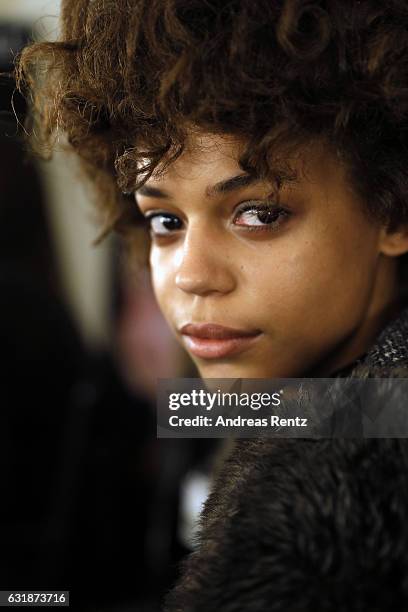 Model is seen backstage ahead of the Dorothee Schumacher show during the Mercedes-Benz Fashion Week Berlin A/W 2017 at Kaufhaus Jandorf on January...