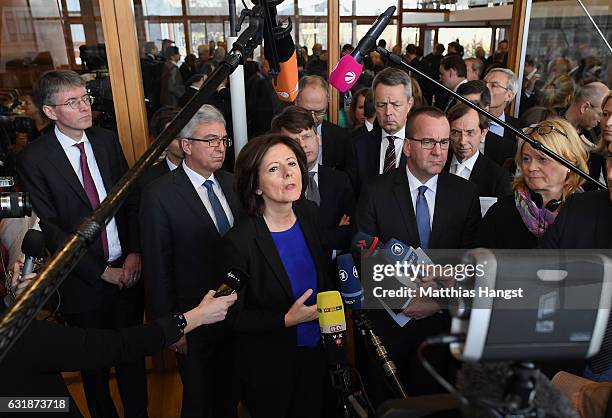 Malu Dreyer, Governor of Rhineland-Palatinate and current President of the German Federal Council speaks to the media at the German Federal...