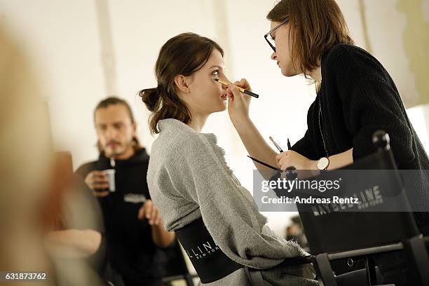 Models are seen backstage ahead of the Dorothee Schumacher show during the Mercedes-Benz Fashion Week Berlin A/W 2017 at Kaufhaus Jandorf on January...