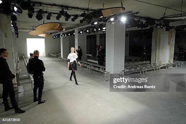 Model walks the runway during the rehearsal ahead of the Dorothee Schumacher show during the Mercedes-Benz Fashion Week Berlin A/W 2017 at Kaufhaus...
