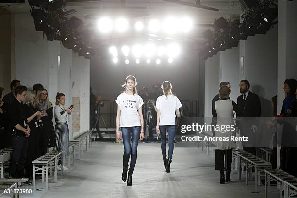 Models walk the runway during the rehearsal ahead of the Dorothee Schumacher show during the Mercedes-Benz Fashion Week Berlin A/W 2017 at Kaufhaus...
