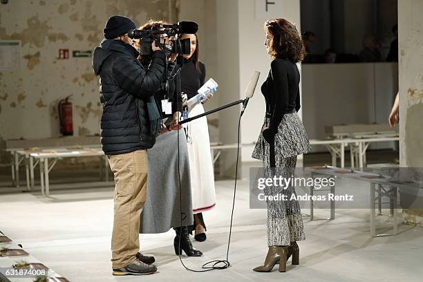 Dorothee Schumacher is interviewed ahead of the Dorothee Schumacher show during the Mercedes-Benz Fashion Week Berlin A/W 2017 at Kaufhaus Jandorf on...