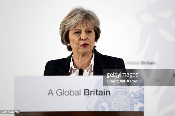 British Prime Minister Theresa May delivers her keynote speech on Brexit at Lancaster House on January 17, 2017 in London, England. It is widely...