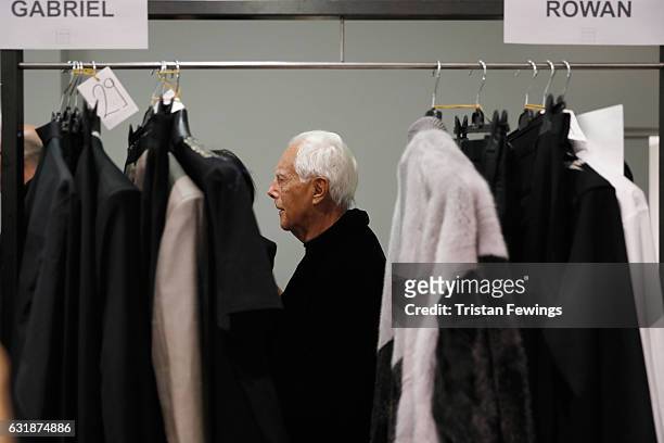 Designer Giorgio Armani seen backstage ahead of the Yoshio Kubo / Moto Guo / Consistence show during Milan Men's Fashion Week Fall/Winter 2017/18 on...