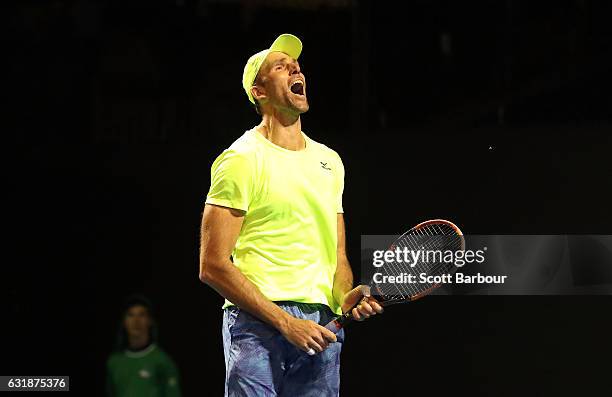 Ivo Karlovic of Croatia celebrates winning match point in his first round match against Horacio Zeballos of Argentina on day two of the 2017...