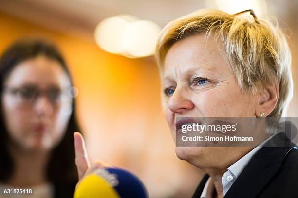 Renate Kuenast of the German Greens Party speakes to the media after the conclusion of the session of the Federal Constitutional Court in which the...