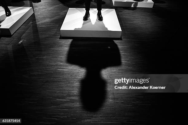 Model is seen backstage ahead of the Brachmann Show during the Mercedes-Benz Fashion Week Berlin A/W 2017 at Kaufhaus Jandorf on January 17, 2017 in...