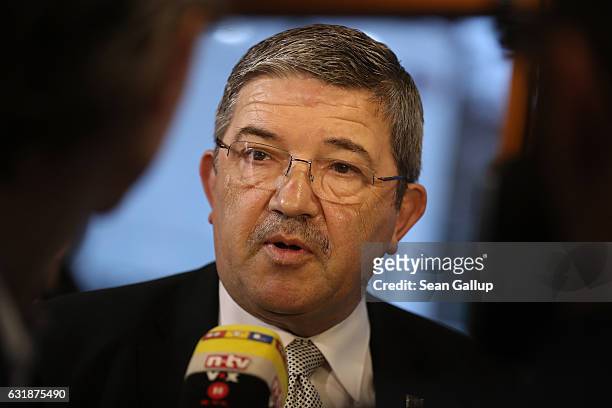 Lorenz Caffier, Interior Minister of the state of Mecklenburg-Western Pomerania, speaks with the media prior to the session of the Federal...