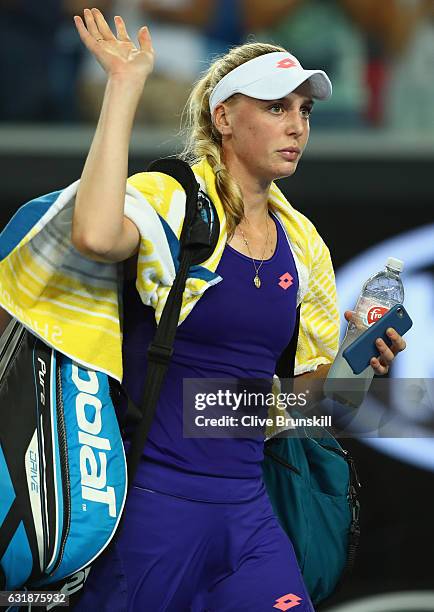 Naomi Broady of Great Britain shows her emotion as she leaves the court after her defeat in her first round match against Daria Gavrilova of...