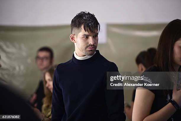 Model is seen backstage ahead of the Brachmann show during the Mercedes-Benz Fashion Week Berlin A/W 2017 at Stage at me Collectors Room on January...