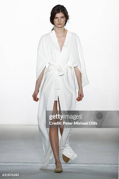 Model walks the runway at the holyGhost show during the Mercedes-Benz Fashion Week Berlin A/W 2017 at Kaufhaus Jandorf on January 17, 2017 in Berlin,...