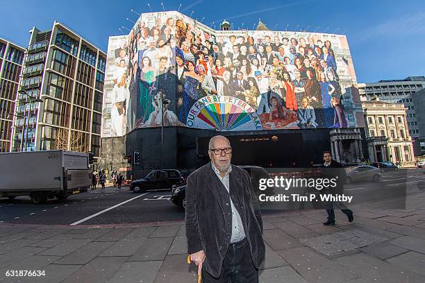 Artist Sir Peter Blake poses for a photo in front of Mandarin Oriental Hyde Park as a new artwork "Our Fans" by Sir Peter Blake is unveiled on...