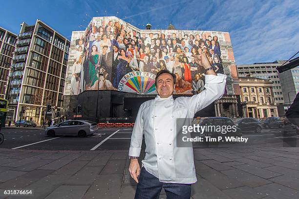 Chef Daniel Boulud poses for a photo in front of Mandarin Oriental Hyde Park as a new artwork "Our Fans" by Sir Peter Blake is unveiled on January...