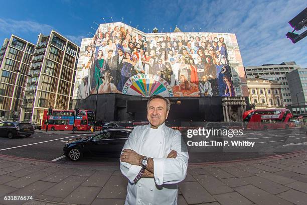 Chef Daniel Boulud poses for a photo in front of Mandarin Oriental Hyde Park as a new artwork "Our Fans" by Sir Peter Blake is unveiled on January...